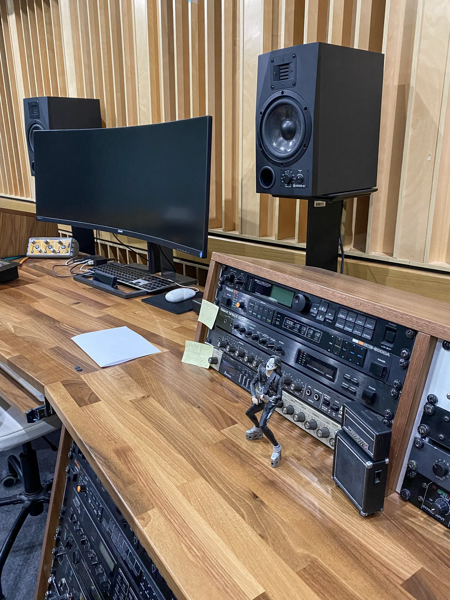 Studiomonitore, hölzerne Akustikpaneele und analoge Effektgeräte