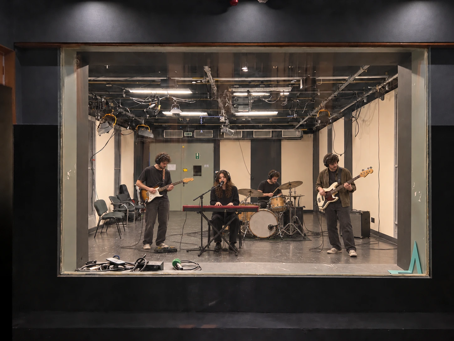 Eine Band im Aufnahmeraum mit natürlichem Bodenkontakt und Spiegelungen
